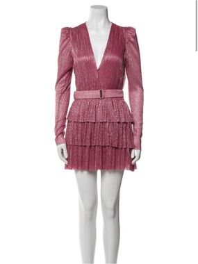 Sabina Musayev Shimmery Pink Tiered V-Neck Mini Dress with Belt